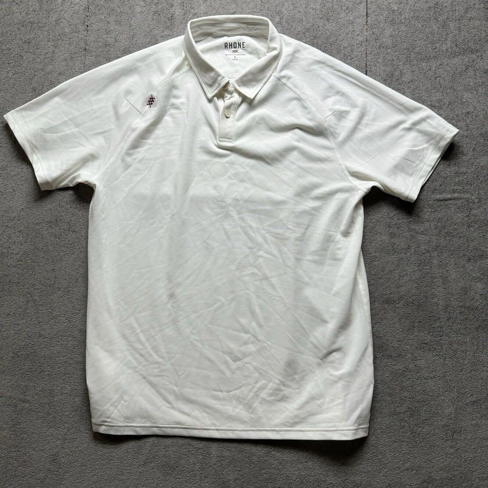 Rhone Polo Shirt Mens Large White Stretch Performance Collared‎ preppy Golf Logo - Picture 2 of 9